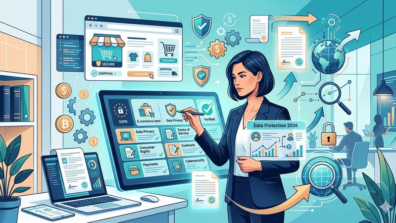 Современная иллюстрация процесса правового аудита интернет-магазина с использованием чек-листа и цифровых инструментов